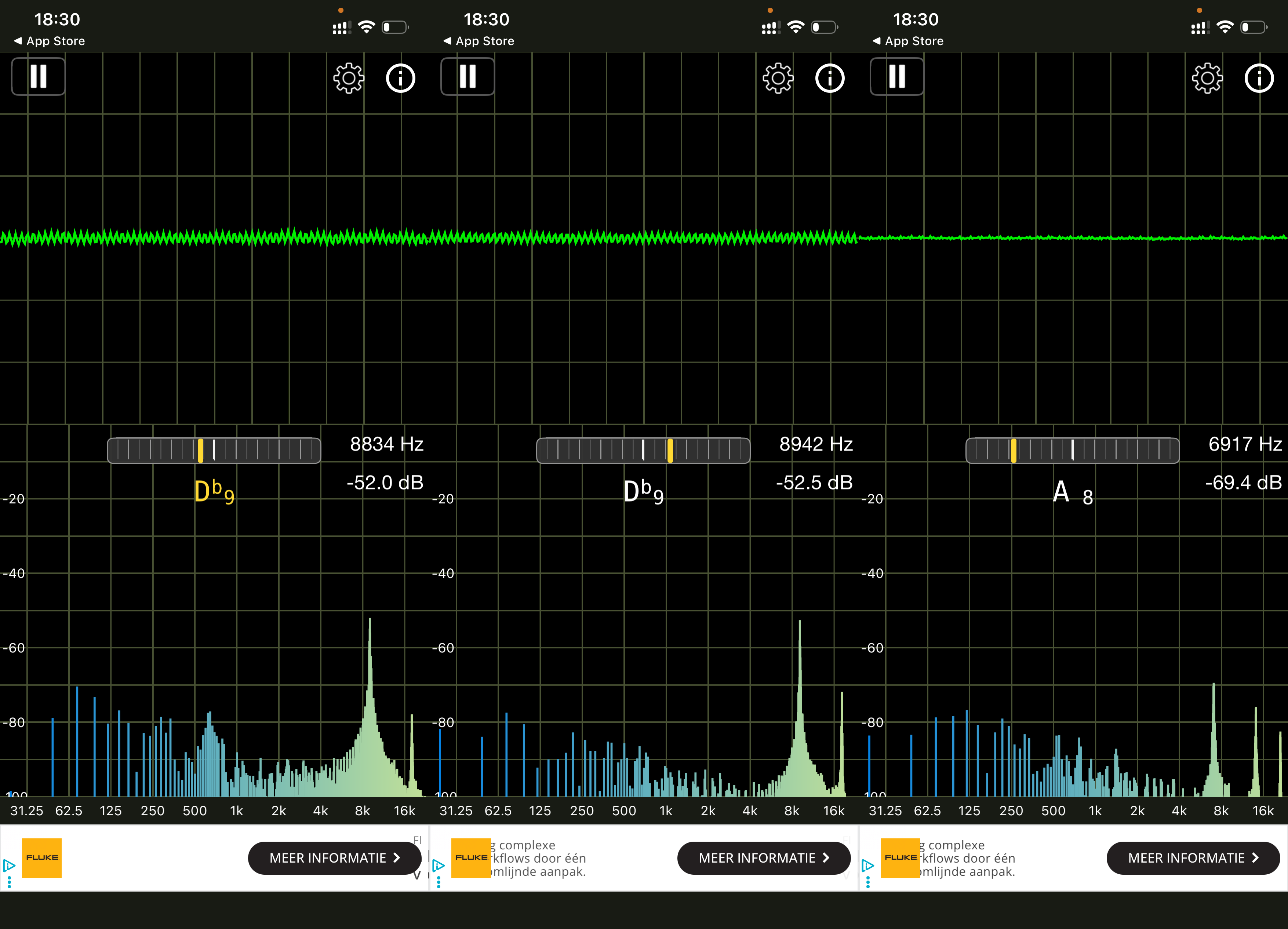 Spectrum near MOSFET, measurements 1, 2 and switched frequency
